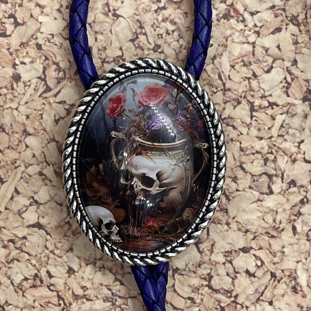- Gothic Skull Rose Witch Leather Bolo Tie Lariat Necklace Wedding Purple Xmas - Picture 9 of 16